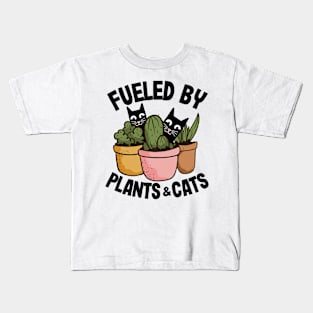 Fueled By Plants & Cats Funny Gardening Gift Cat Lover Kids T-Shirt